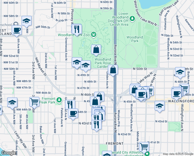 map of restaurants, bars, coffee shops, grocery stores, and more near 4813 Fremont Avenue North in Seattle