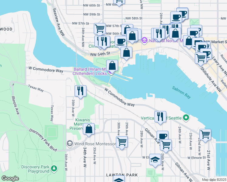 map of restaurants, bars, coffee shops, grocery stores, and more near 3100 West Commodore Way in Seattle