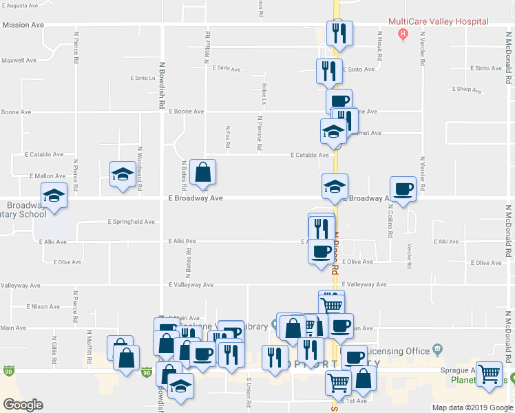 map of restaurants, bars, coffee shops, grocery stores, and more near 11900 East Broadway Avenue in Spokane Valley