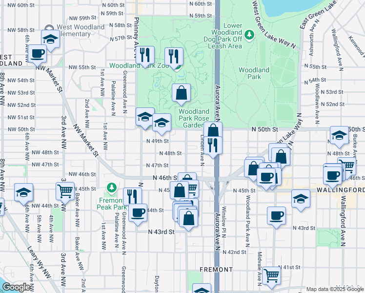 map of restaurants, bars, coffee shops, grocery stores, and more near 4813 Fremont Avenue North in Seattle