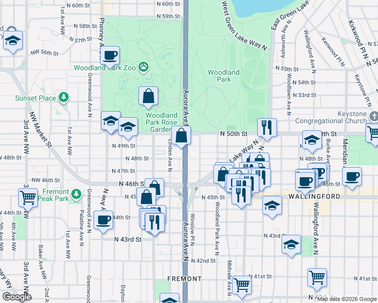 map of restaurants, bars, coffee shops, grocery stores, and more near 819 North 49th Street in Seattle
