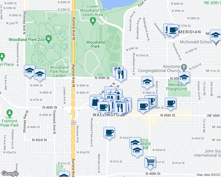 map of restaurants, bars, coffee shops, grocery stores, and more near 4828 Green Lake Way North in Seattle