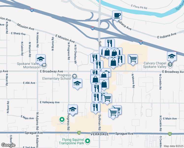 map of restaurants, bars, coffee shops, grocery stores, and more near 15402 East Broad Avenue in Spokane Valley