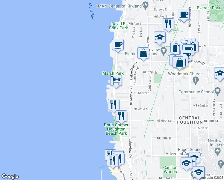 map of restaurants, bars, coffee shops, grocery stores, and more near 6401 Lake Washington Boulevard Northeast in Kirkland
