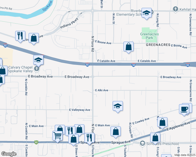 map of restaurants, bars, coffee shops, grocery stores, and more near 17118 East Broadway Avenue in Spokane Valley