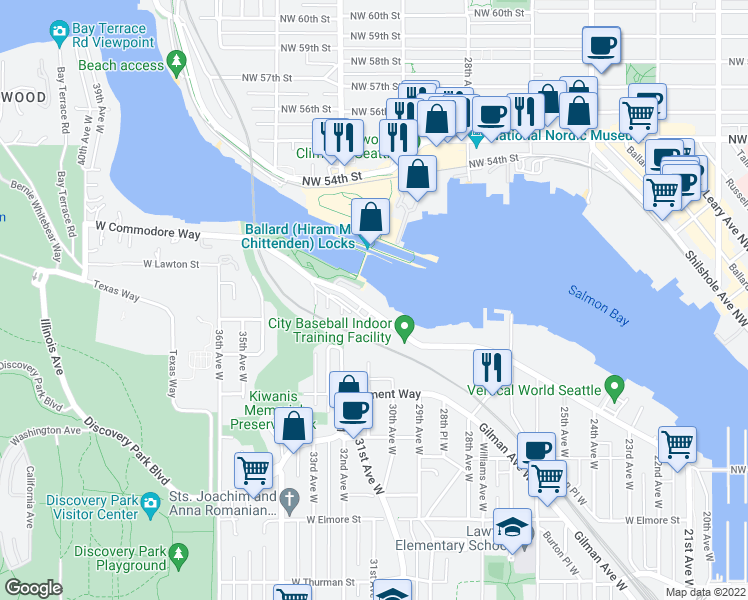 map of restaurants, bars, coffee shops, grocery stores, and more near 3100 West Commodore Way in Seattle