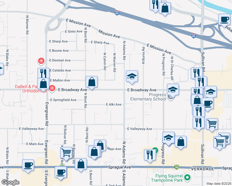 map of restaurants, bars, coffee shops, grocery stores, and more near 14604 East Broadway Avenue in Spokane Valley