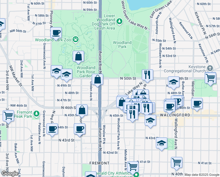 map of restaurants, bars, coffee shops, grocery stores, and more near 1001 North 49th Street in Seattle