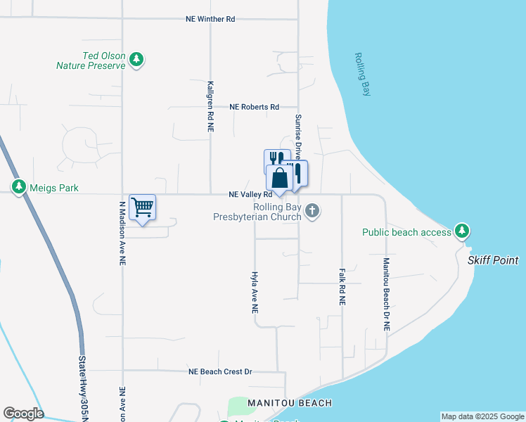 map of restaurants, bars, coffee shops, grocery stores, and more near 11130 Hyla Avenue Northeast in Bainbridge Island