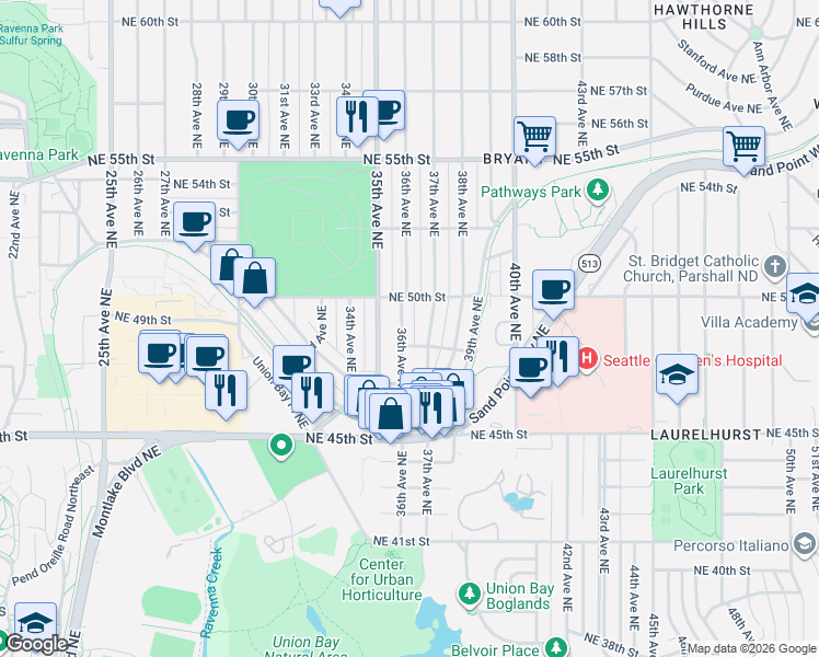 map of restaurants, bars, coffee shops, grocery stores, and more near 4814 36th Avenue Northeast in Seattle