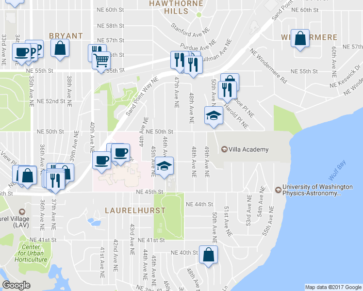map of restaurants, bars, coffee shops, grocery stores, and more near 4732 47th Avenue Northeast in Seattle