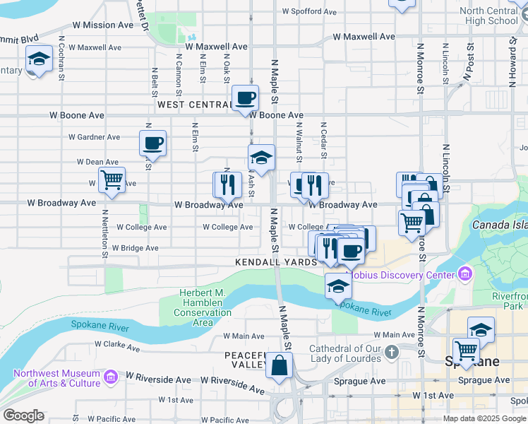 map of restaurants, bars, coffee shops, grocery stores, and more near 713 North Ash Street in Spokane