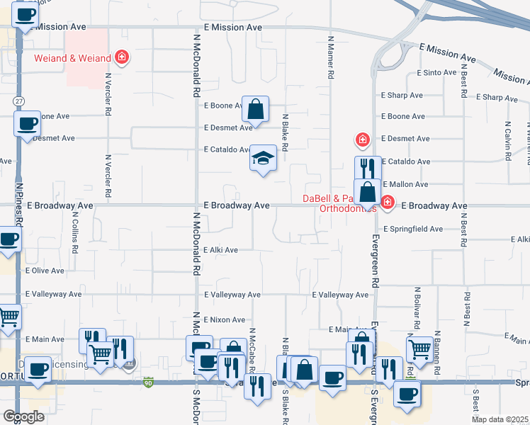 map of restaurants, bars, coffee shops, grocery stores, and more near 13404 East Broadway Avenue in Spokane Valley