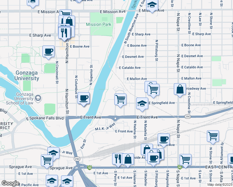 map of restaurants, bars, coffee shops, grocery stores, and more near 728 North Iron bridge Way in Spokane