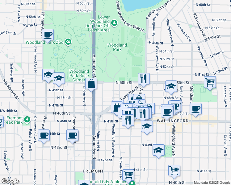 map of restaurants, bars, coffee shops, grocery stores, and more near 1103 North 49th Street in Seattle