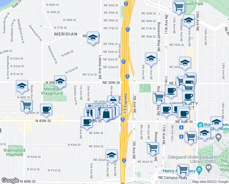 map of restaurants, bars, coffee shops, grocery stores, and more near 4728 4th Avenue Northeast in Seattle