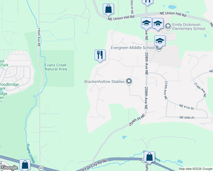 map of restaurants, bars, coffee shops, grocery stores, and more near 20424 Northeast 64th Place in Redmond