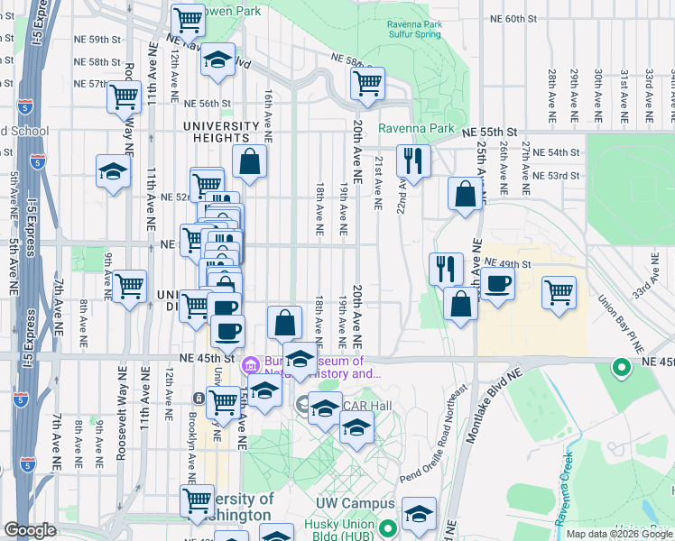 map of restaurants, bars, coffee shops, grocery stores, and more near 4730 19th Avenue Northeast in Seattle