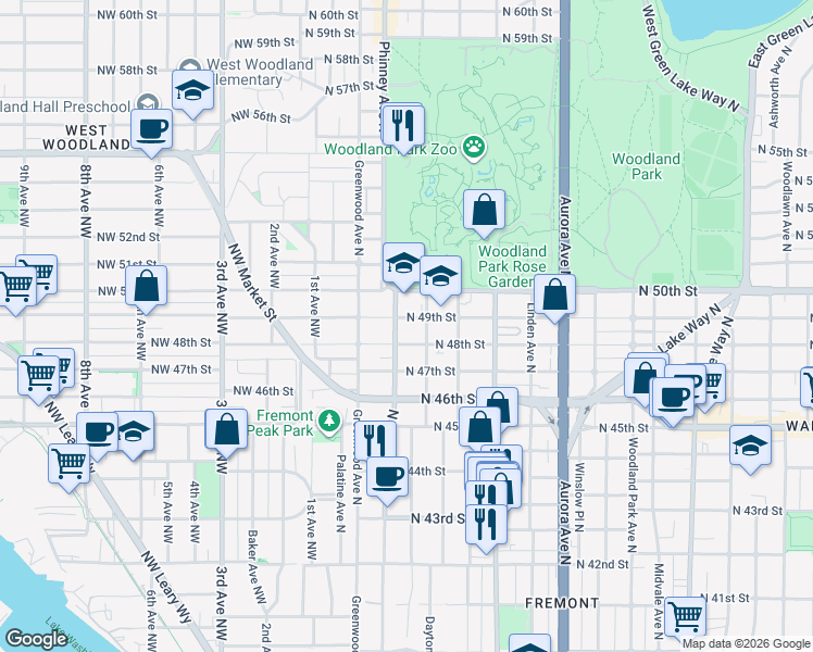 map of restaurants, bars, coffee shops, grocery stores, and more near 411 North 49th Street in Seattle