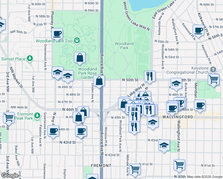 map of restaurants, bars, coffee shops, grocery stores, and more near 1001 North 49th Street in Seattle