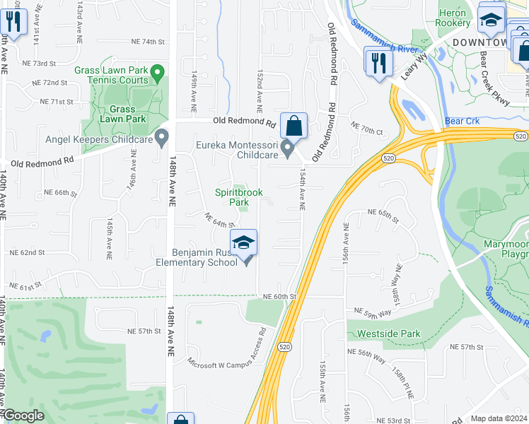 map of restaurants, bars, coffee shops, grocery stores, and more near 6414 152nd Avenue Northeast in Redmond