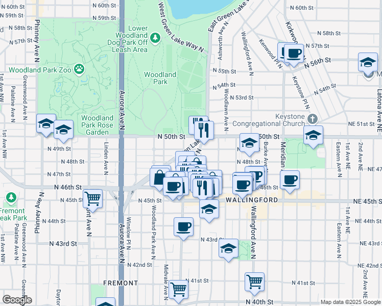 map of restaurants, bars, coffee shops, grocery stores, and more near 1311 North 49th Street in Seattle