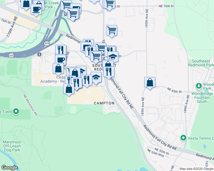 map of restaurants, bars, coffee shops, grocery stores, and more near 6332 East Lake Sammamish Parkway Northeast in Redmond