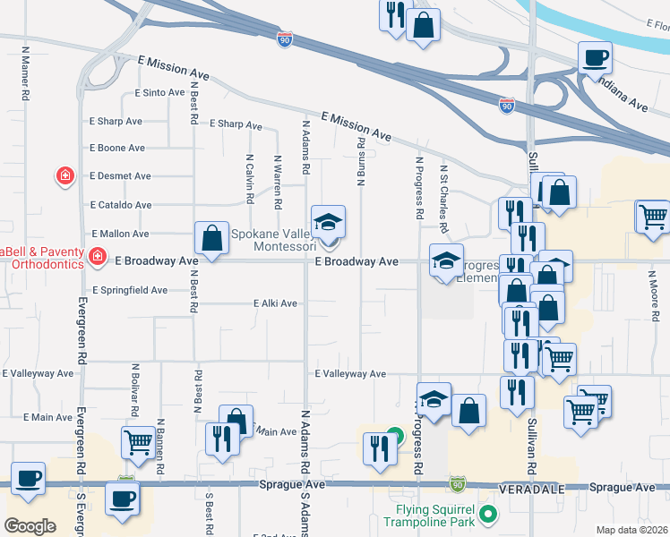 map of restaurants, bars, coffee shops, grocery stores, and more near 14806 East Broadway Avenue in Spokane Valley