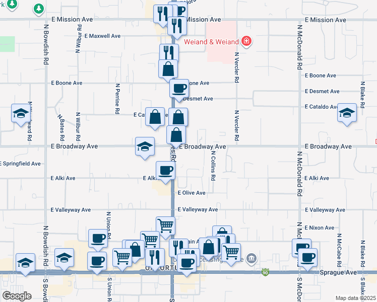 map of restaurants, bars, coffee shops, grocery stores, and more near 12324 East Broadway Avenue in Spokane Valley