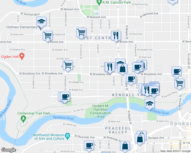 map of restaurants, bars, coffee shops, grocery stores, and more near 1913 West Broadway Avenue in Spokane