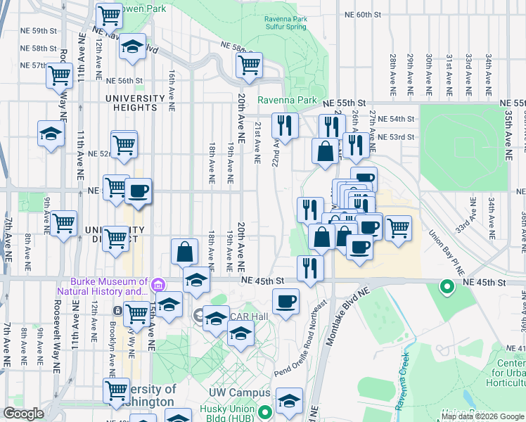 map of restaurants, bars, coffee shops, grocery stores, and more near 4733 21st Avenue Northeast in Seattle