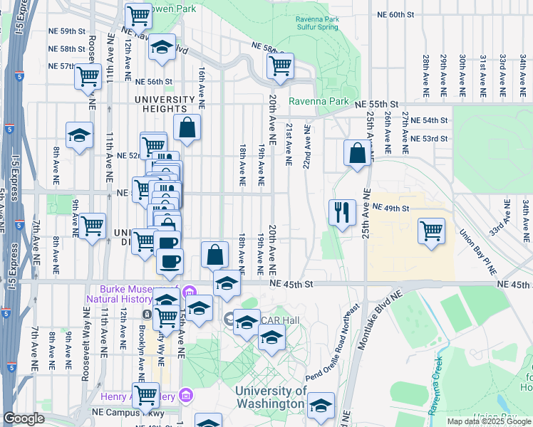 map of restaurants, bars, coffee shops, grocery stores, and more near 4730 19th Avenue Northeast in Seattle