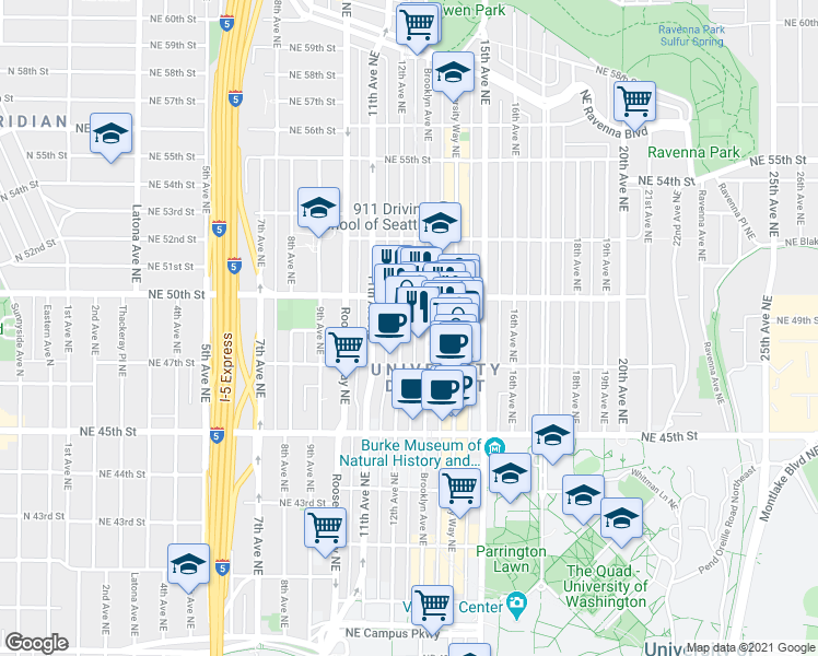 map of restaurants, bars, coffee shops, grocery stores, and more near 4727 Brooklyn Avenue Northeast in Seattle