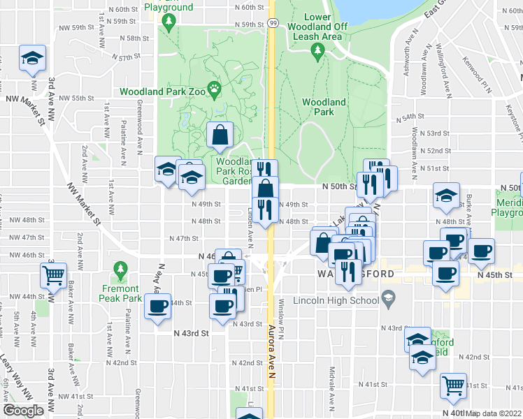 map of restaurants, bars, coffee shops, grocery stores, and more near 819 North 49th Street in Seattle