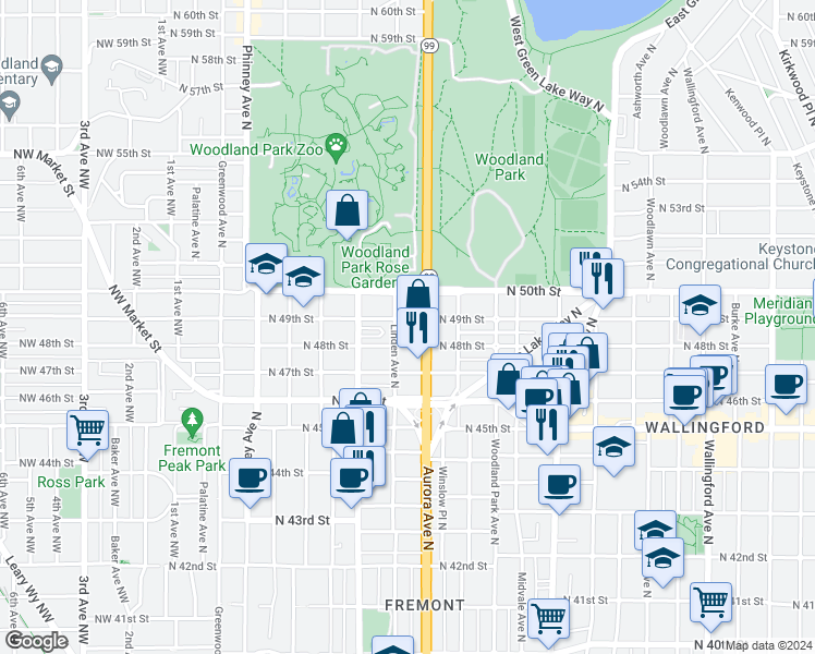 map of restaurants, bars, coffee shops, grocery stores, and more near 819 North 49th Street in Seattle
