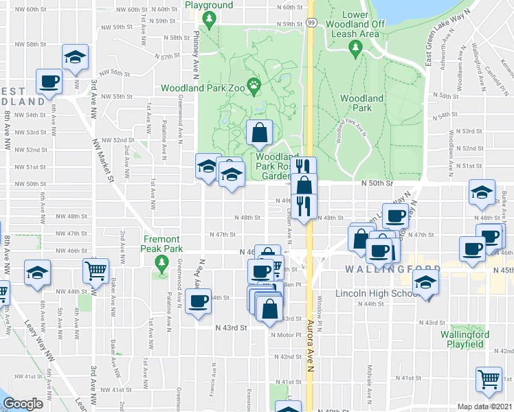 map of restaurants, bars, coffee shops, grocery stores, and more near 4813 Fremont Avenue North in Seattle