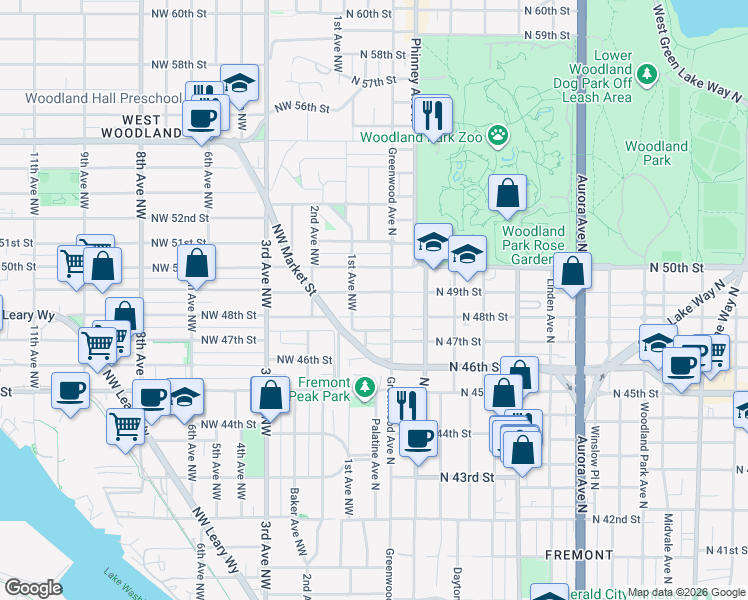 map of restaurants, bars, coffee shops, grocery stores, and more near 111 North 49th Street in Seattle