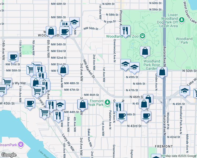 map of restaurants, bars, coffee shops, grocery stores, and more near 121 Northwest 49th Street in Seattle