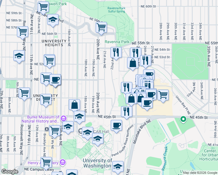map of restaurants, bars, coffee shops, grocery stores, and more near 4742 20th Avenue Northeast in Seattle