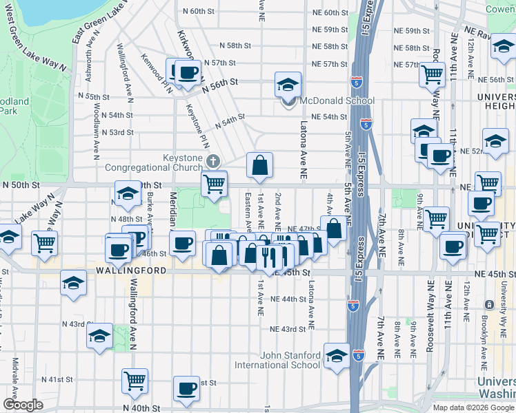map of restaurants, bars, coffee shops, grocery stores, and more near 4651 1st Avenue Northeast in Seattle