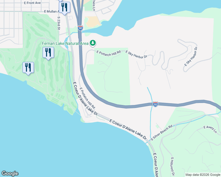 map of restaurants, bars, coffee shops, grocery stores, and more near 4513 East Potlatch Hill Road in Coeur d'Alene