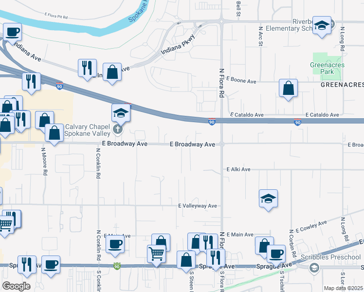 map of restaurants, bars, coffee shops, grocery stores, and more near 16808 Jakeman Lane in Spokane Valley