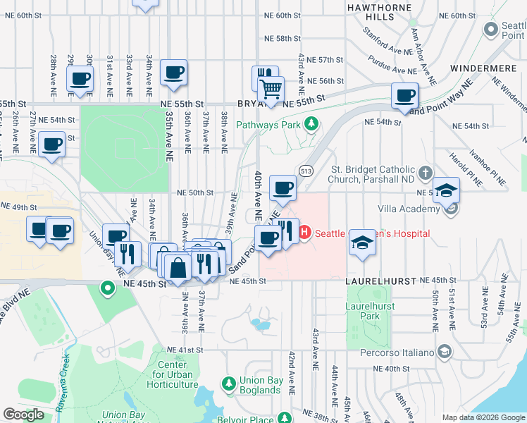 map of restaurants, bars, coffee shops, grocery stores, and more near 4740 40th Avenue Northeast in Seattle