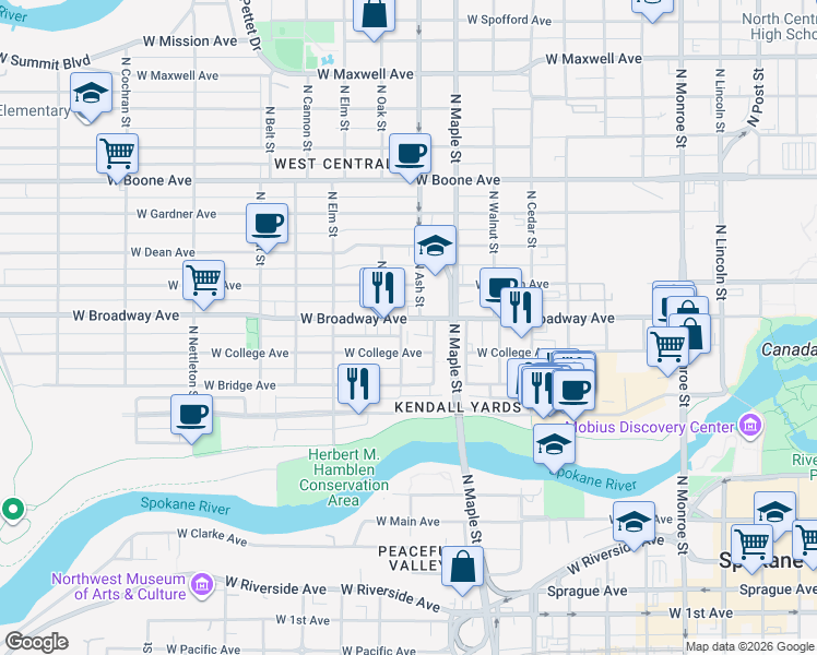 map of restaurants, bars, coffee shops, grocery stores, and more near 1801 West Broadway Avenue in Spokane