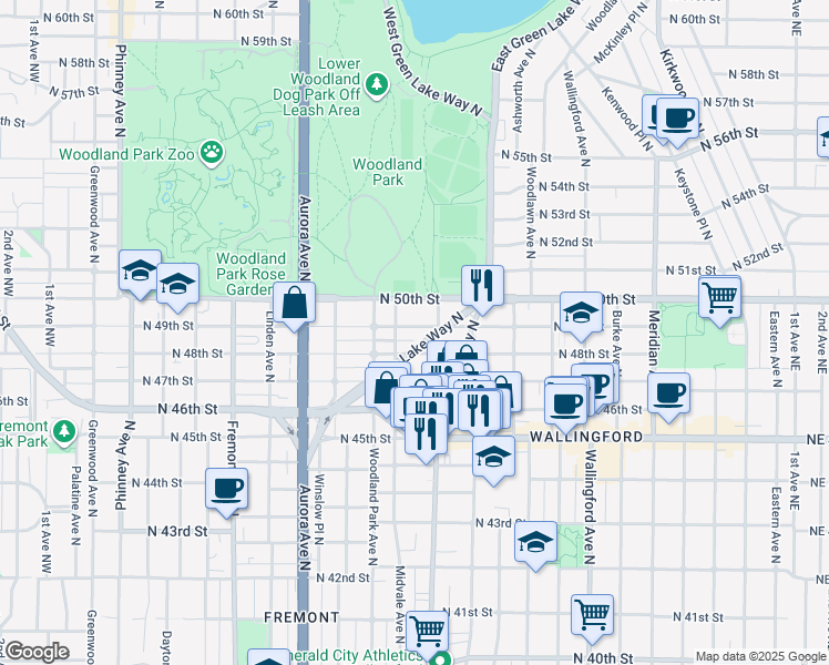 map of restaurants, bars, coffee shops, grocery stores, and more near 1213 North 49th Street in Seattle
