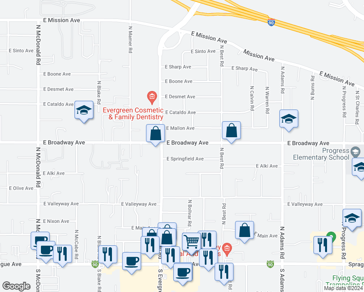 map of restaurants, bars, coffee shops, grocery stores, and more near 14010 East Broadway Avenue in Spokane Valley