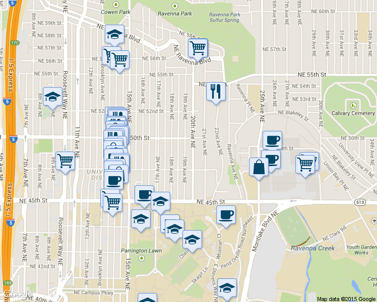 map of restaurants, bars, coffee shops, grocery stores, and more near 4730 19th Avenue Northeast in Seattle