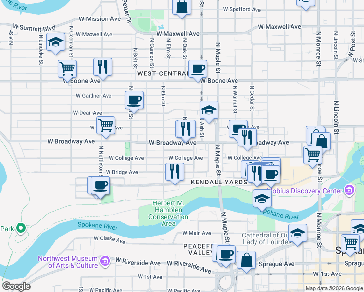 map of restaurants, bars, coffee shops, grocery stores, and more near 1823 West Broadway Avenue in Spokane