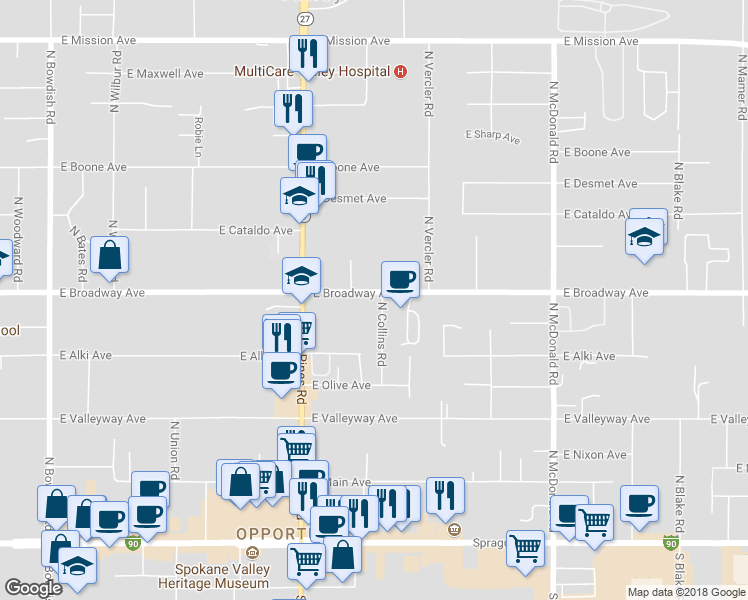 map of restaurants, bars, coffee shops, grocery stores, and more near 12508 East Broadway Avenue in Spokane Valley