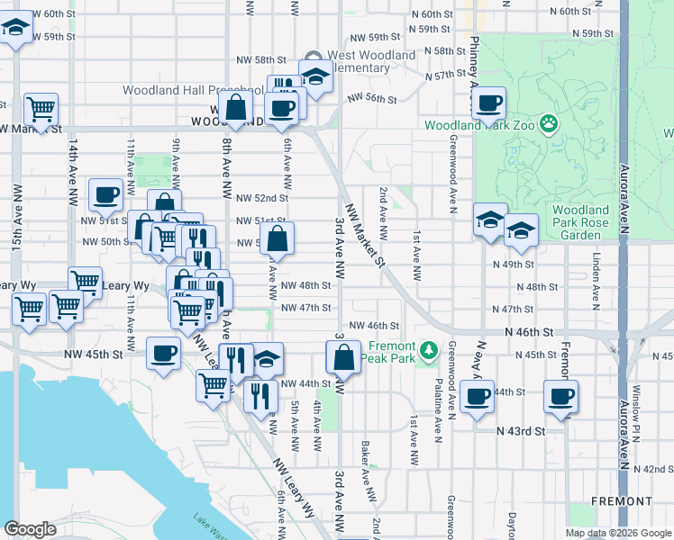 map of restaurants, bars, coffee shops, grocery stores, and more near 4815 3rd Avenue Northwest in Seattle